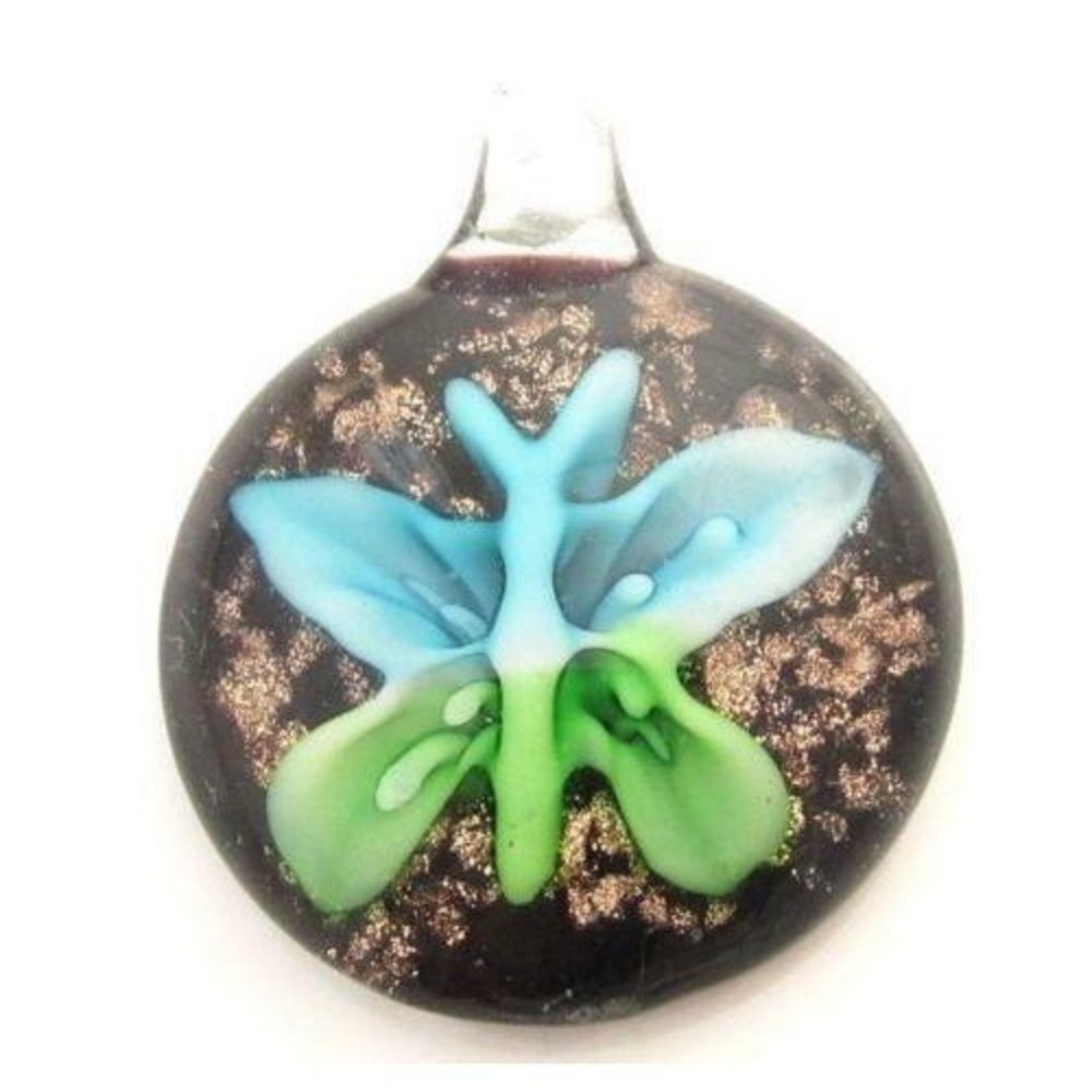 Vibrant Blue, Green Butterfly Black Copper Cab Circle Hand Blown Glass Pendant‎